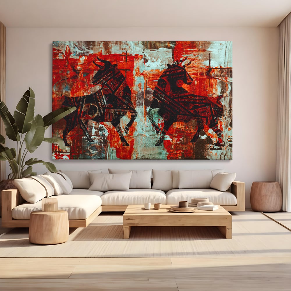 Tablou canvas cu tablou canvas cu tauri din bancnote, fara rama, pe sasiu de lemn, pe perete intr-un living